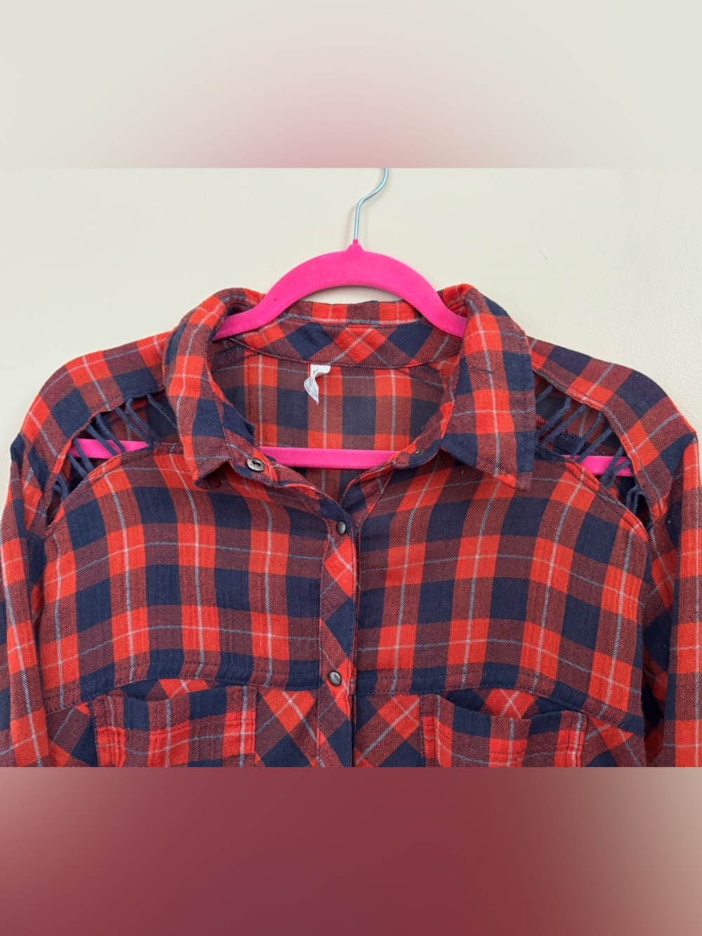 Free People Red Navy Plaid Button Down Shirt Boho Grunge Flannel Size Medium - Picture 7 of 11